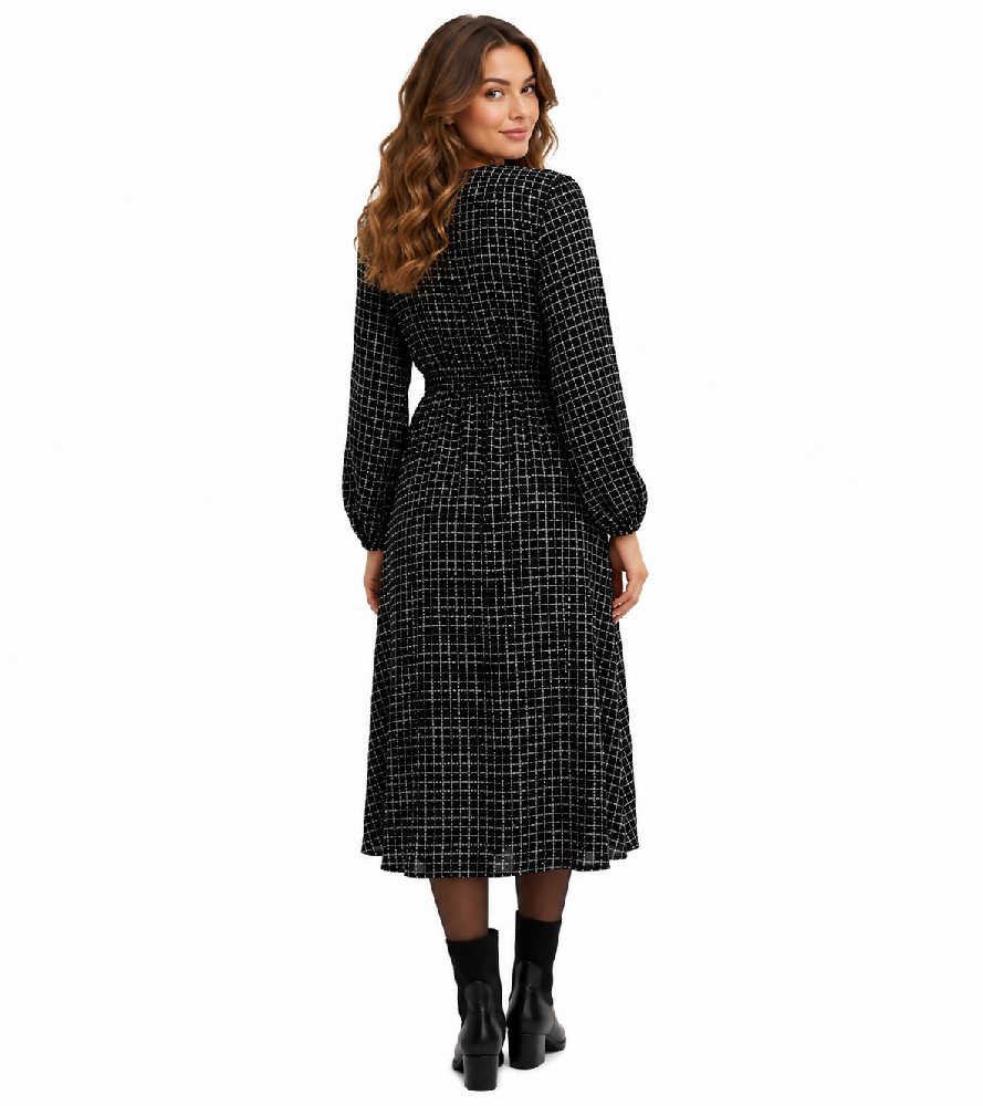 klassisches Damen Maxi-Kleid mit V-Ausschnitt Langarm-Kleid mit Punkten 943659 Schwarz