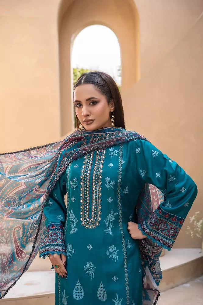 Embroidered Viscose Suit- Teal