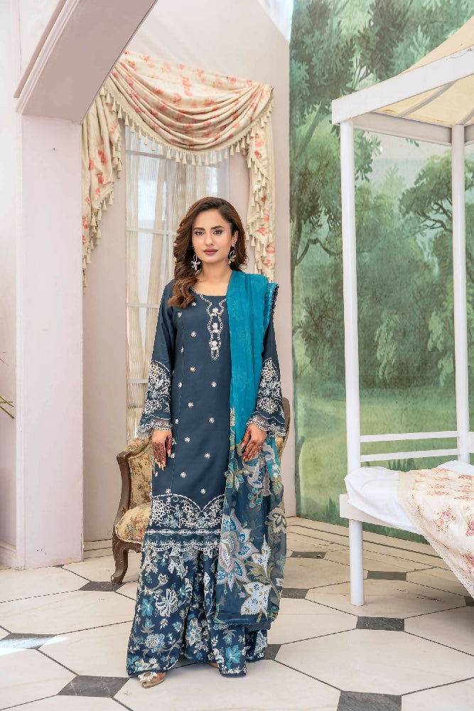 Teal Linen Floral Sharara - D1