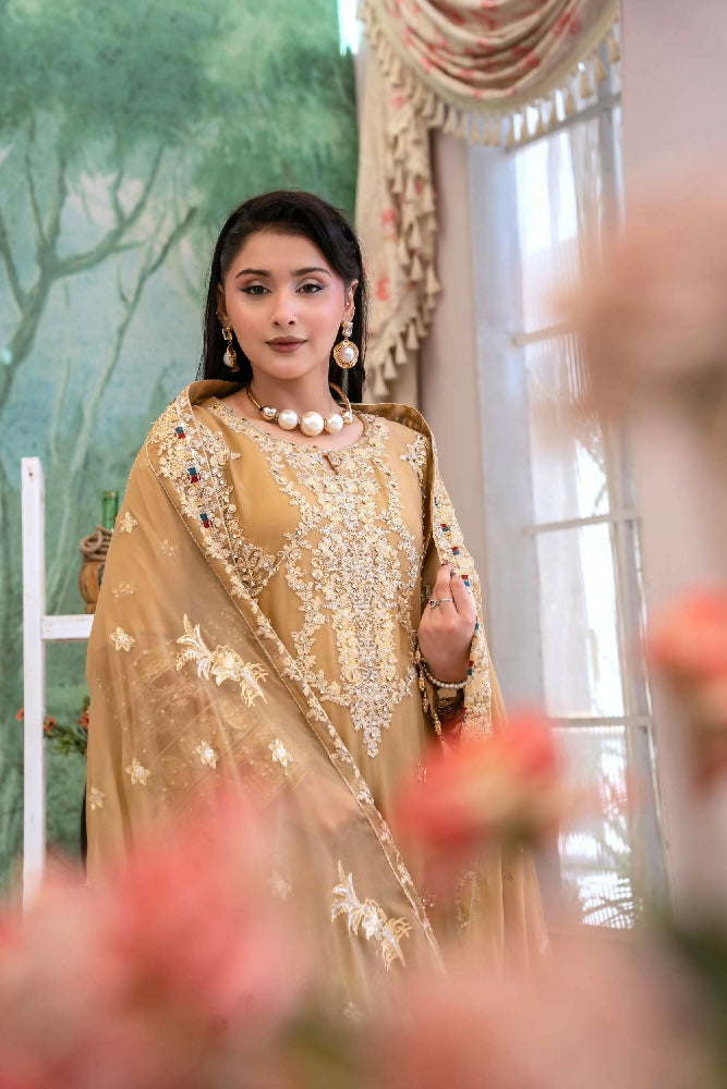 Chiffon Lux Embroidered Suit- Golden