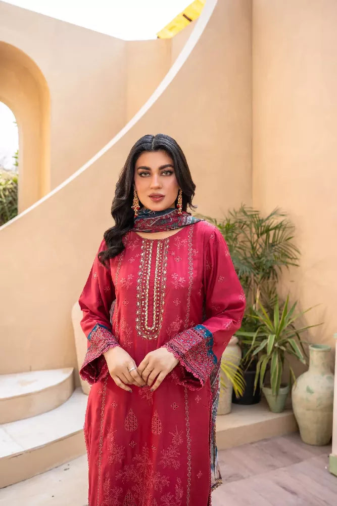 Embroidered Viscose Suit- Soft Red