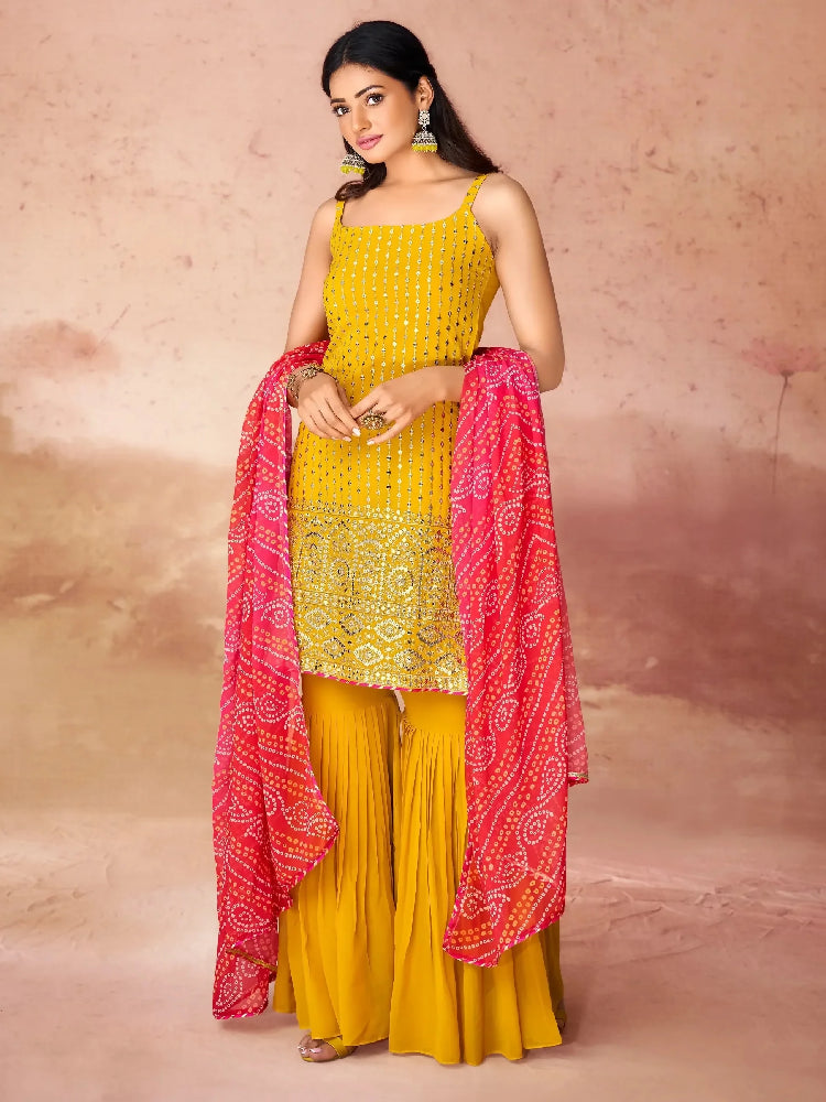 Yellow Georgette Gharara Suit With Dupatta