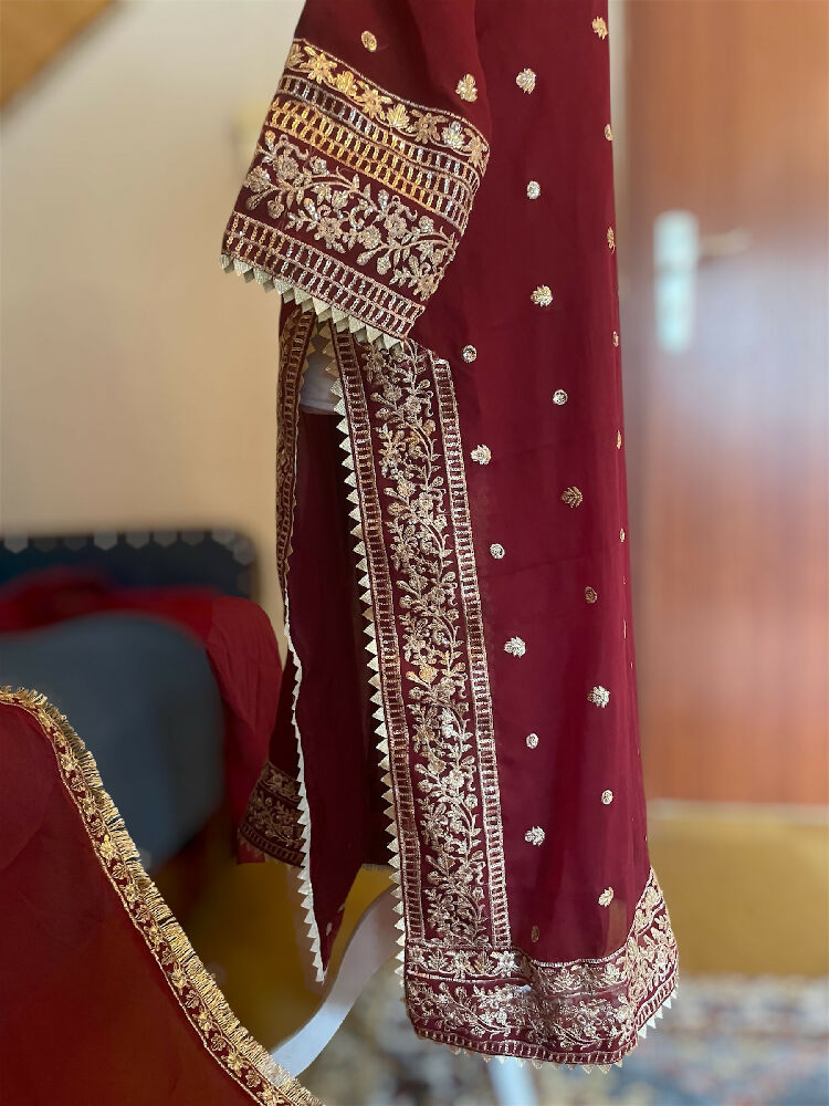 Pure shifon Hand Gotta Work Farshi qameez Fashion 2026