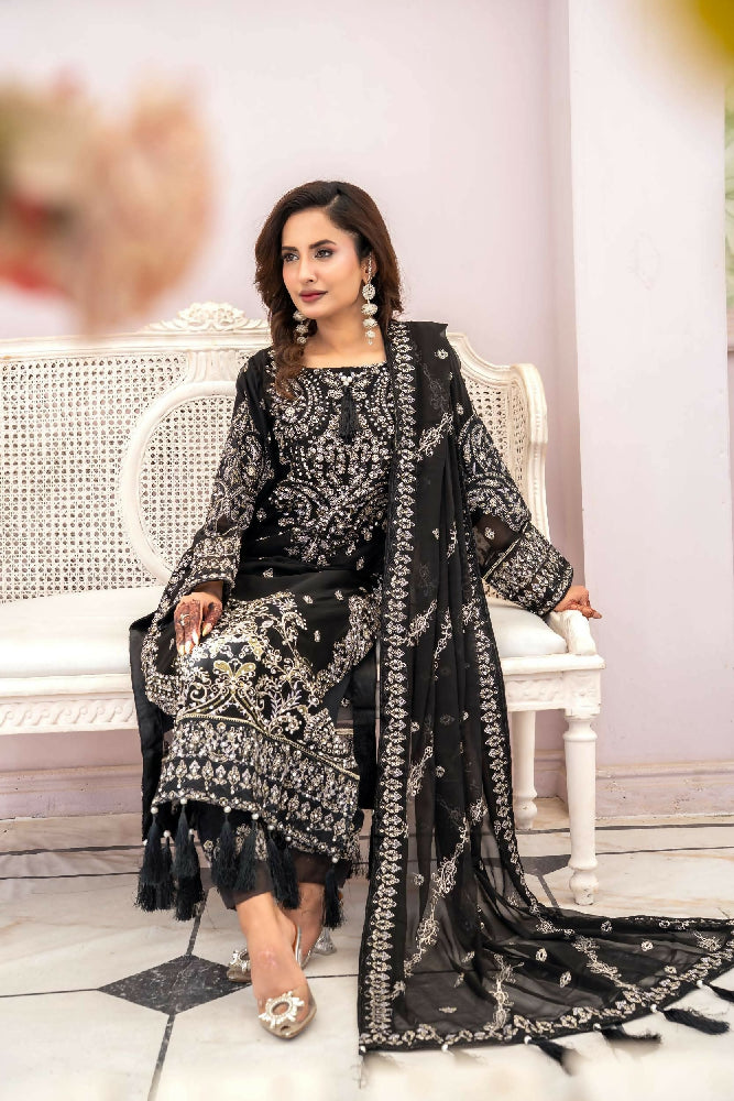 Luxury Chiffon Embroidered Suit- Black
