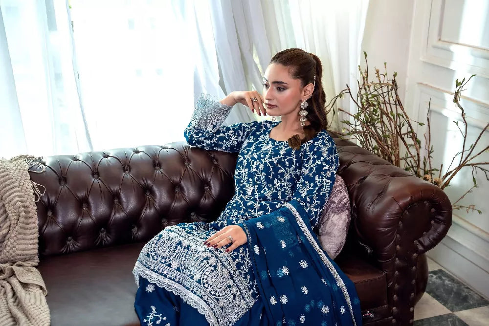 Chiffon Embroidered Suit - Navy
