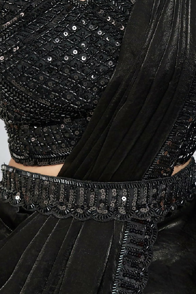 Black Satin Pre-Stitched Saree with Belt – Elegant & Easy to Wear