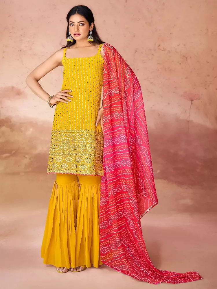 Yellow Georgette Gharara Suit With Dupatta