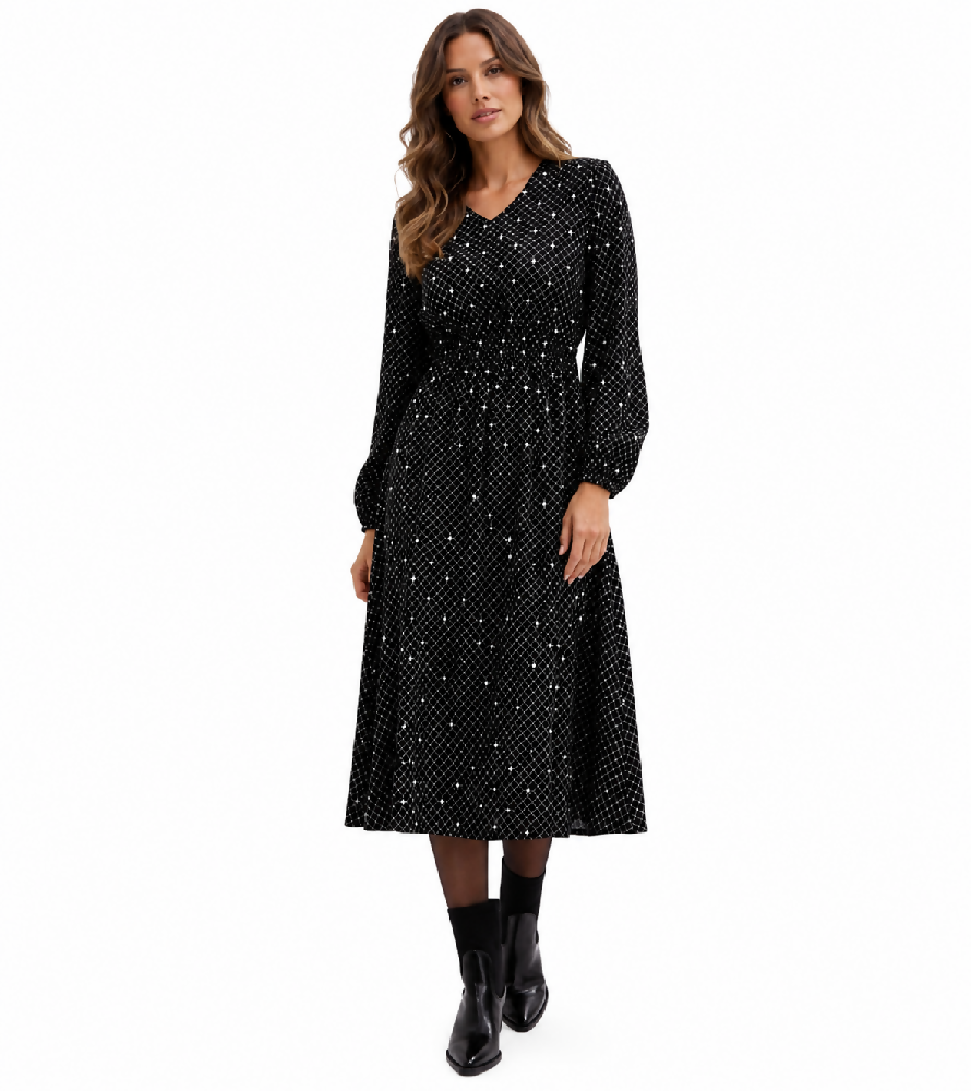 klassisches Damen Maxi-Kleid mit V-Ausschnitt Langarm-Kleid mit Punkten 943659 Schwarz