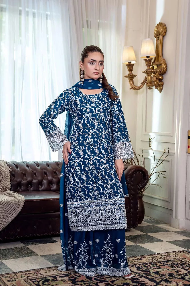 Chiffon Embroidered Suit - Navy