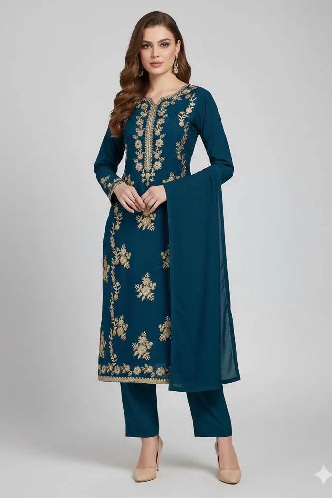 Premium Linen Embroidered 3-Piece Set - 338- Teal