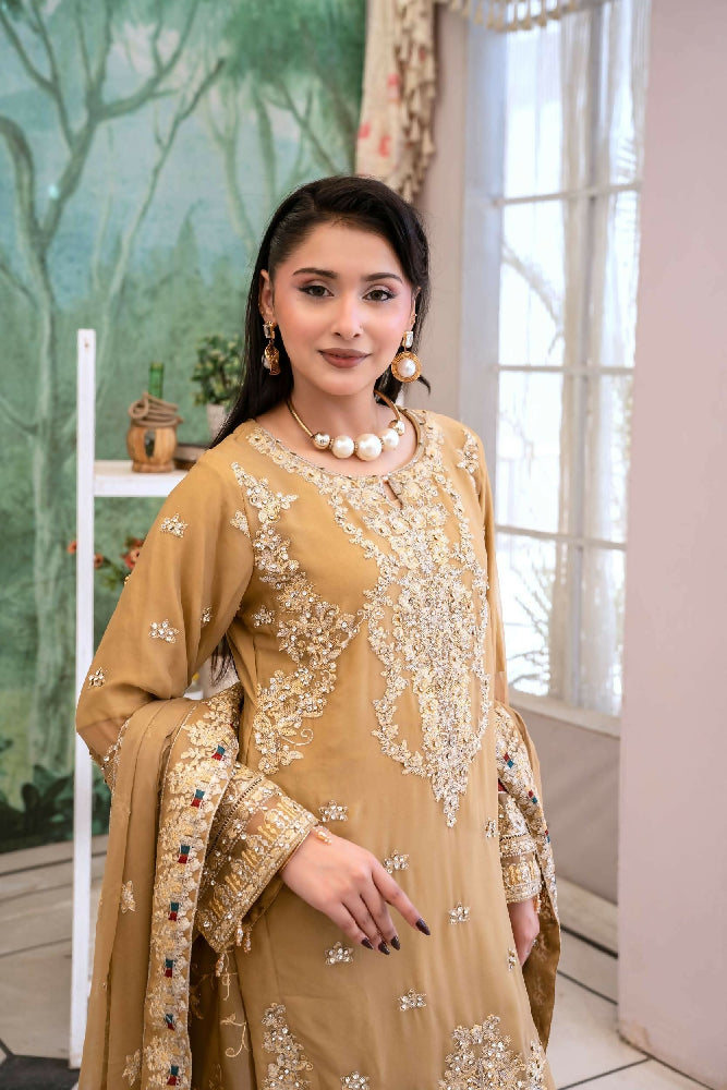 Chiffon Lux Embroidered Suit- Golden