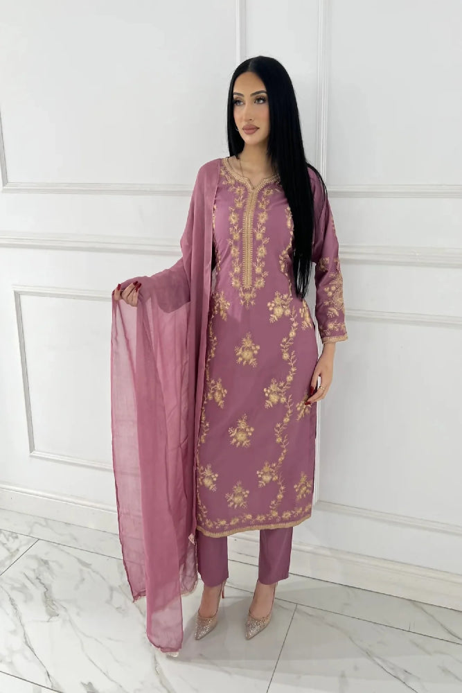Premium Linen Embroidered 3-Piece Set - 338- lilac