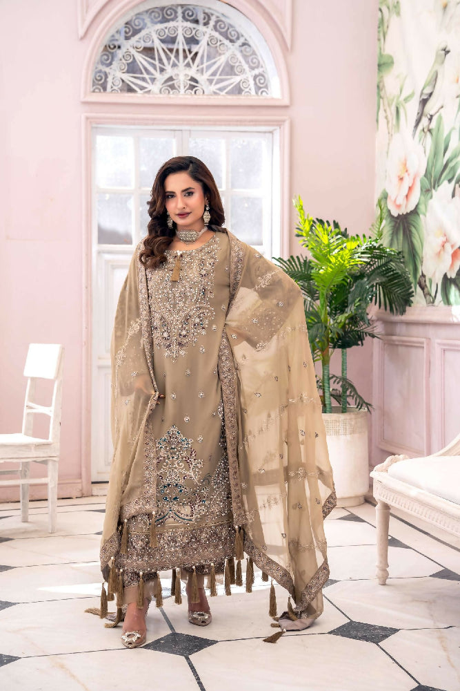 Luxury Chiffon Embroidered Suit- Beige/Braun