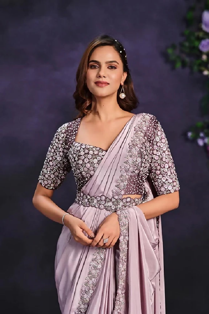 Lavender Satin Pre-Stitched Saree with Belt – Elegant & Easy to Wear