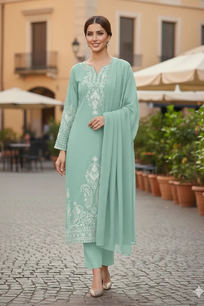 Premium Linen Embroidered 3-Piece Set - 351- Mint