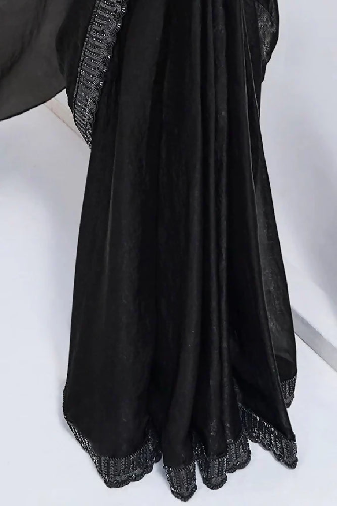 Black Satin Pre-Stitched Saree with Belt – Elegant & Easy to Wear