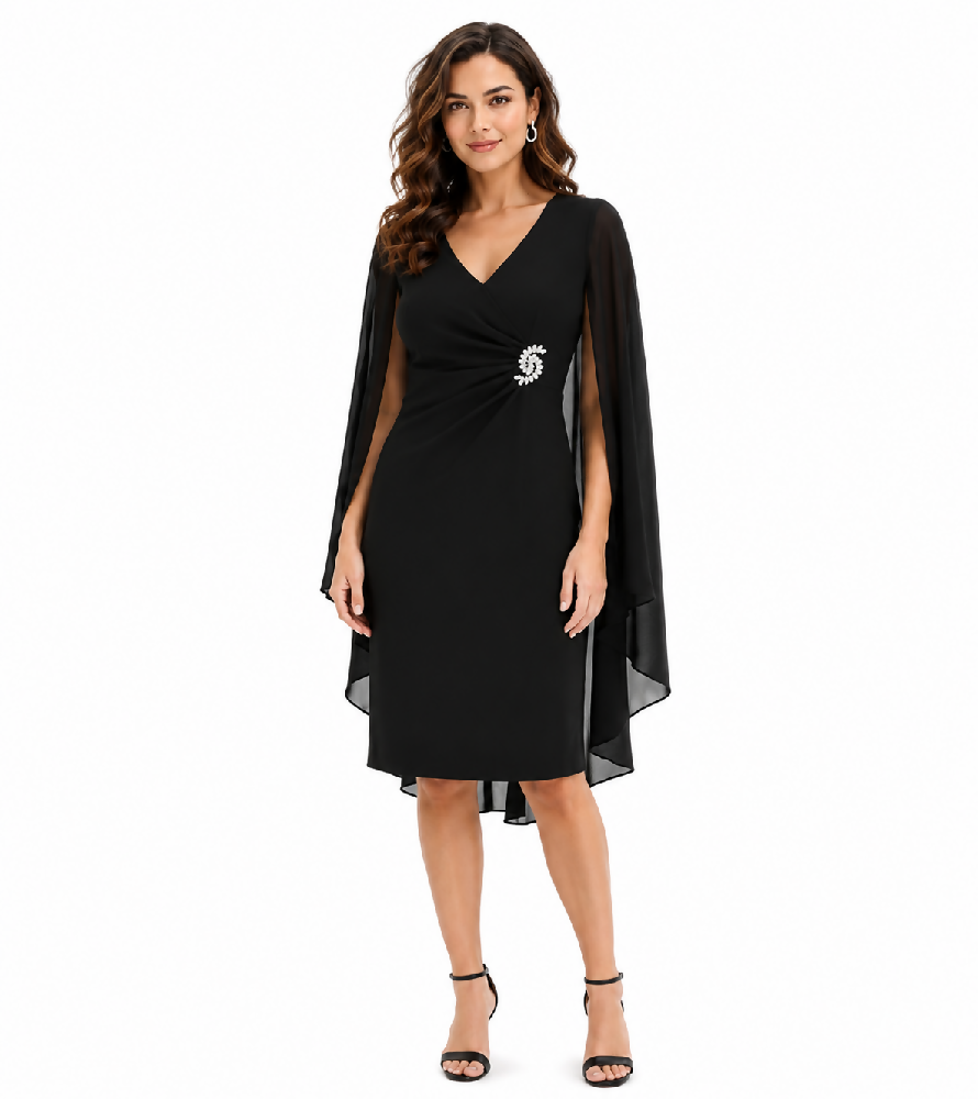 figurbetontes Damen Mini-Kleid aus fließendem Chiffon mit Zier-Brosche Abend-Kleid 960272 Schwarz