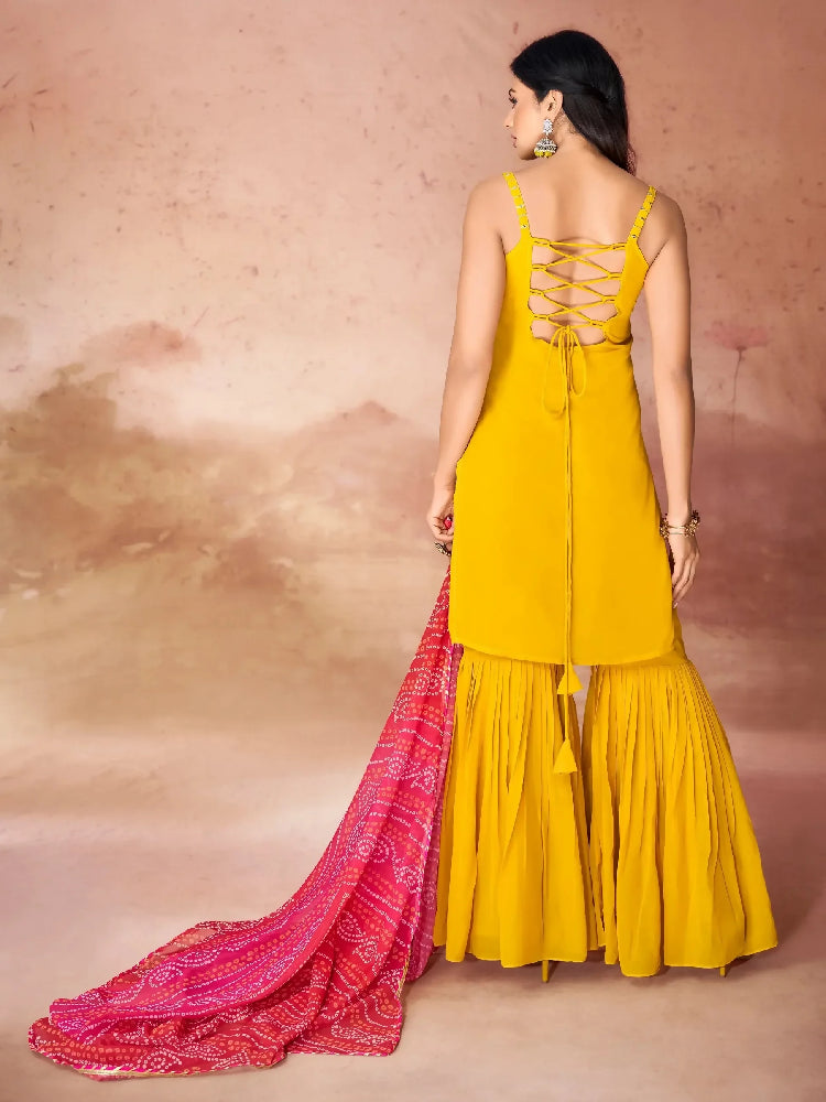 Yellow Georgette Gharara Suit With Dupatta