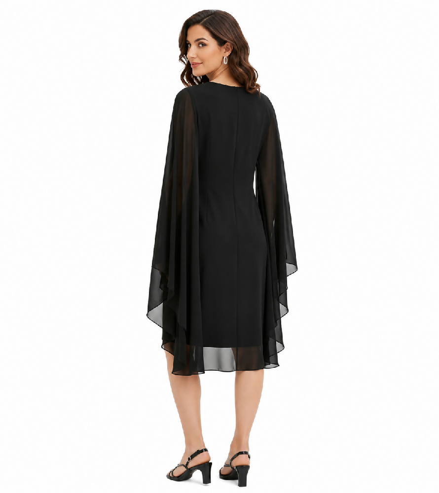 figurbetontes Damen Mini-Kleid aus fließendem Chiffon mit Zier-Brosche Abend-Kleid 960272 Schwarz