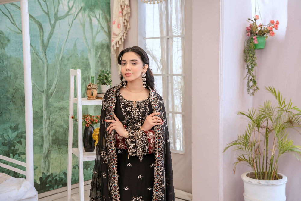 Chiffon Lux Embroidered Suit- Black D2