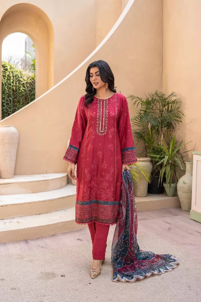 Embroidered Viscose Suit- Soft Red