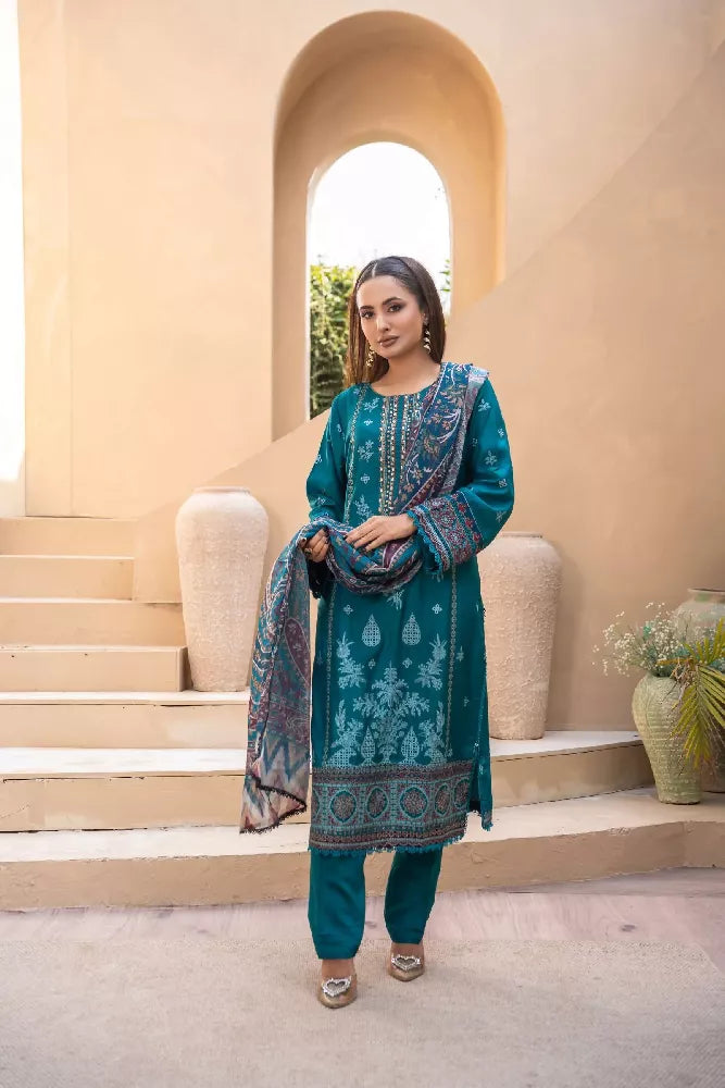 Embroidered Viscose Suit- Teal