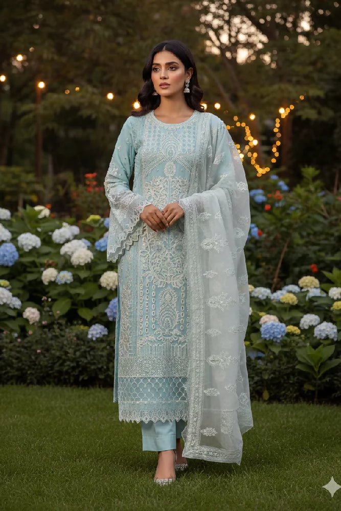 Premium Organza 3-Piece Set – 357- Turqouise