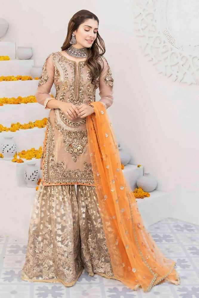 Khuda Bakhsh Gold Orange Shrara Suit