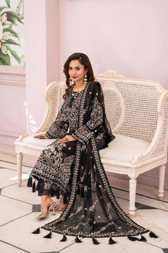 Luxury Chiffon Embroidered Suit- Black