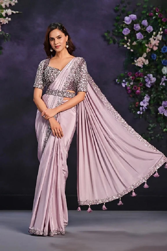 Lavender Satin Pre-Stitched Saree with Belt – Elegant & Easy to Wear