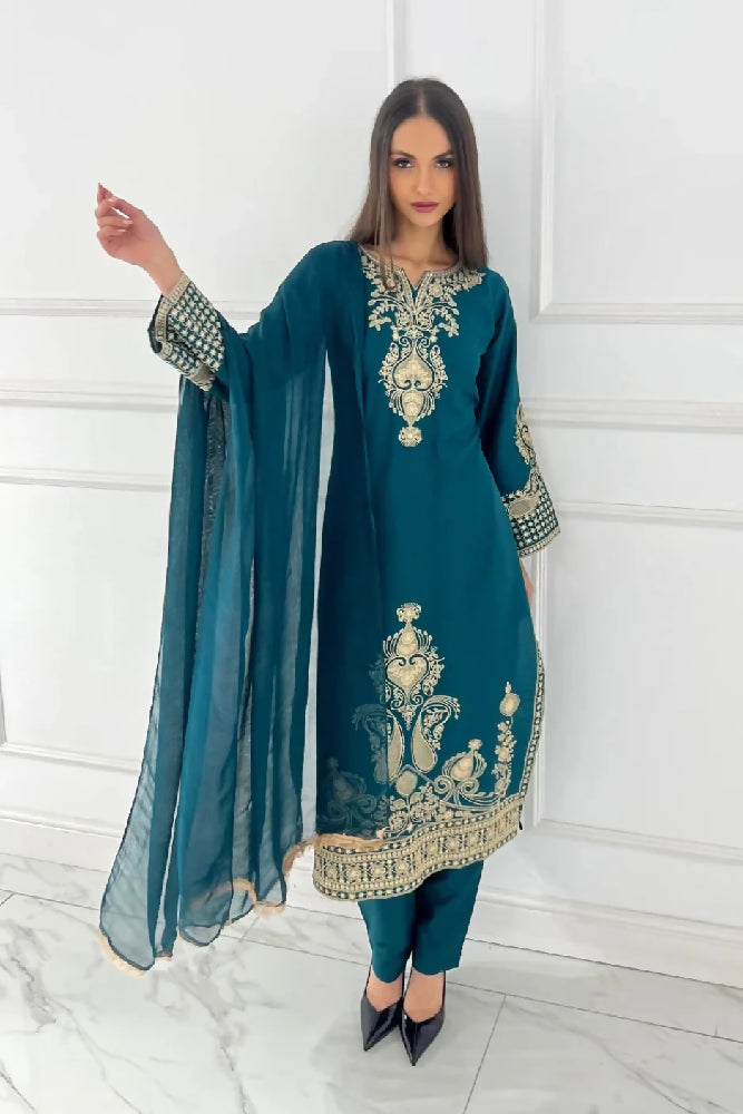 Premium Linen Embroidered 3-Piece Set - 351- Teal
