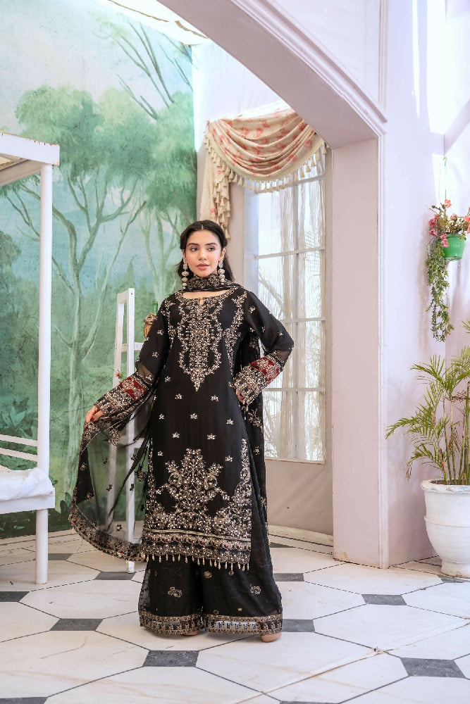 Chiffon Lux Embroidered Suit- Black D2