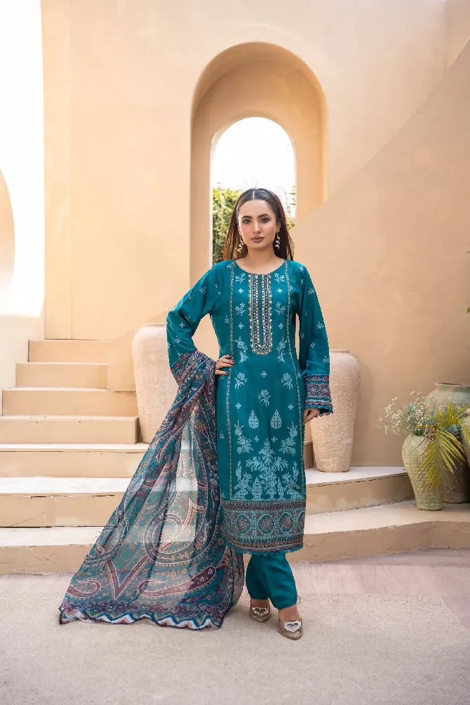 Embroidered Viscose Suit- Teal