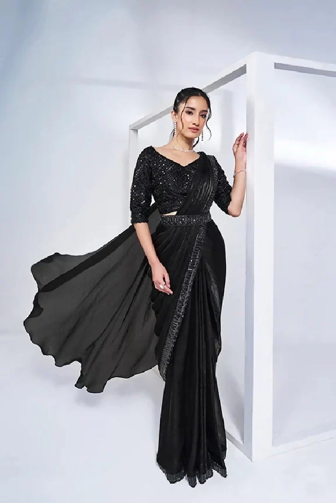 Black Satin Pre-Stitched Saree with Belt – Elegant & Easy to Wear