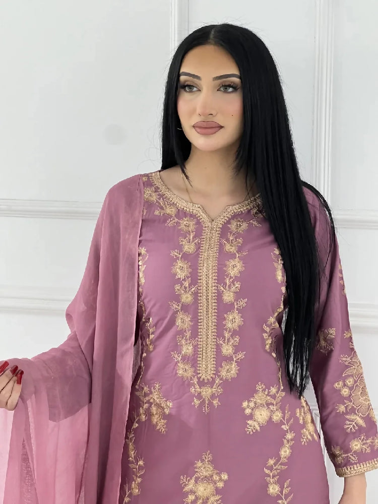 Premium Linen Embroidered 3-Piece Set - 338- lilac