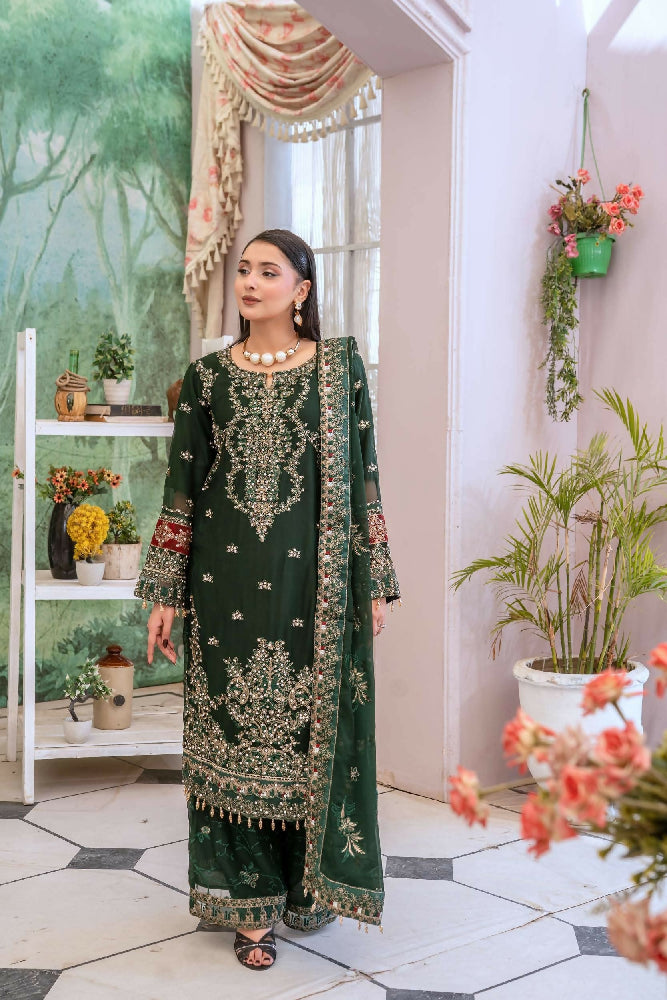 Chiffon Lux Embroidered Suit- Green