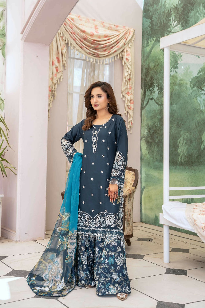 Teal Linen Floral Sharara - D1