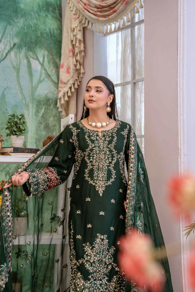 Chiffon Lux Embroidered Suit- Green