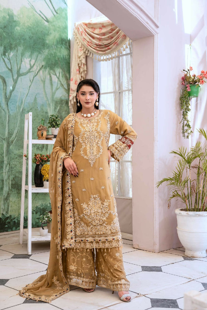 Chiffon Lux Embroidered Suit- Golden