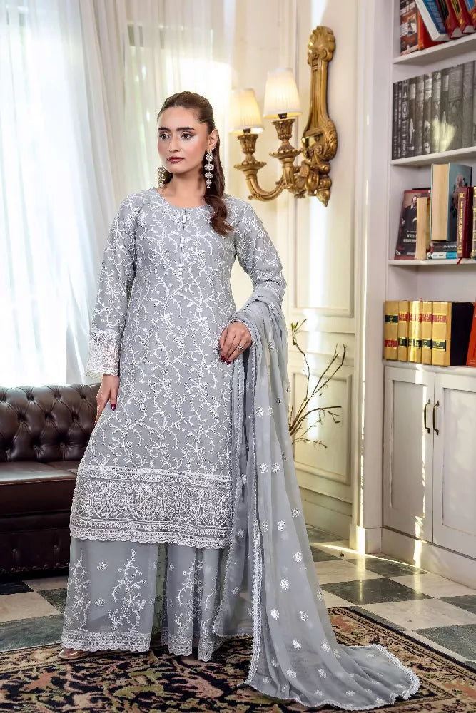 Chiffon Embroidered Suit - Grey