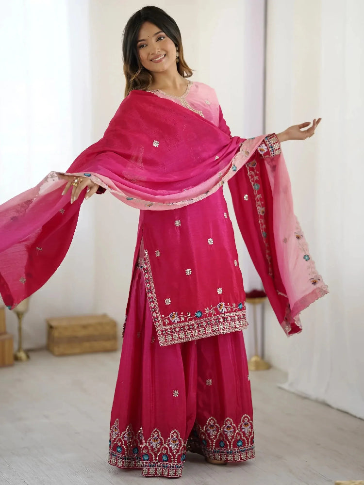 Hot Pink Sequins Embroidered Chinon Sharara Suit