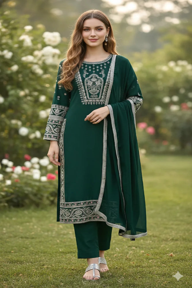 Premium Linen Embroidered 3-Piece Set - 361- Green