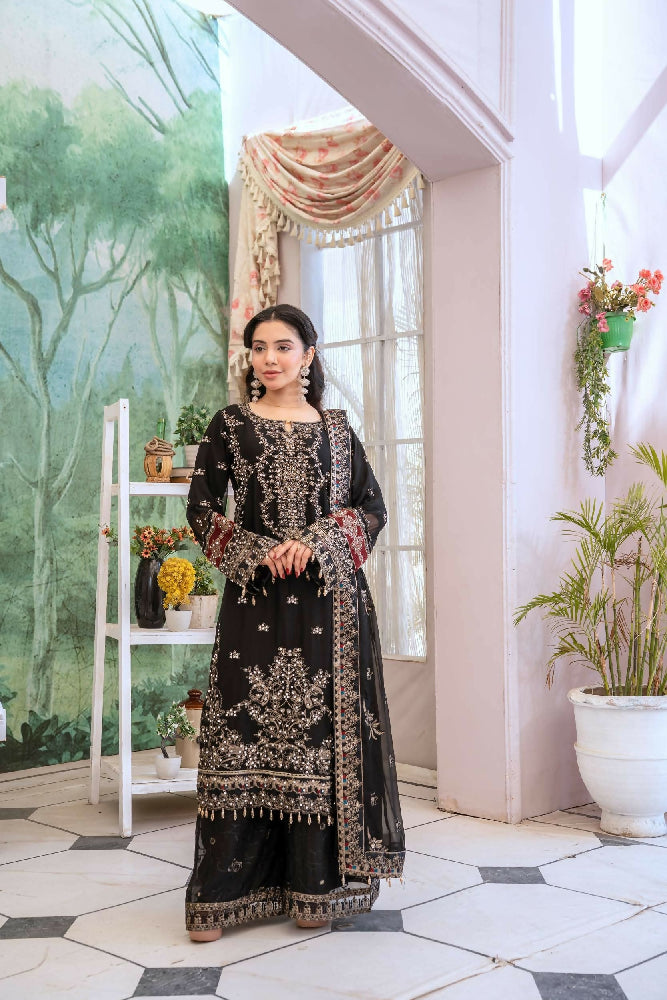 Chiffon Lux Embroidered Suit- Black D2