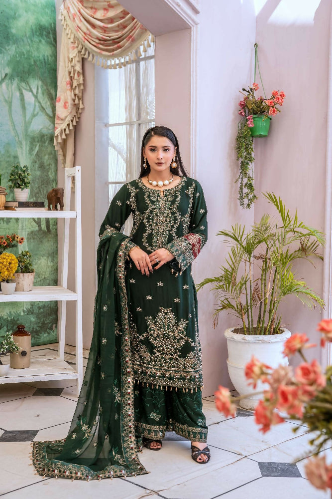 Chiffon Lux Embroidered Suit- Green