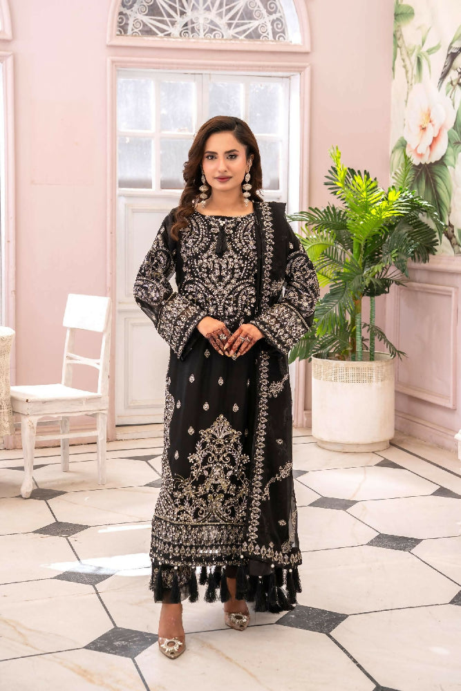 Luxury Chiffon Embroidered Suit- Black
