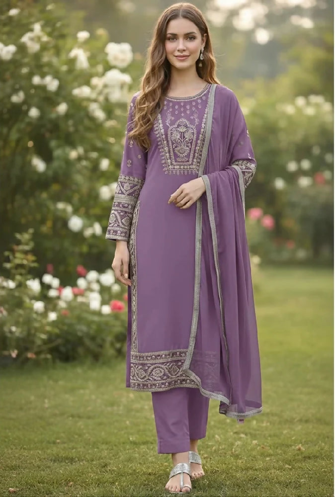 Premium Linen Embroidered 3-Piece Set - 361- Pink