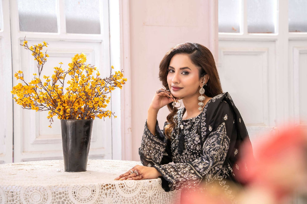 Luxury Chiffon Embroidered Suit- Black