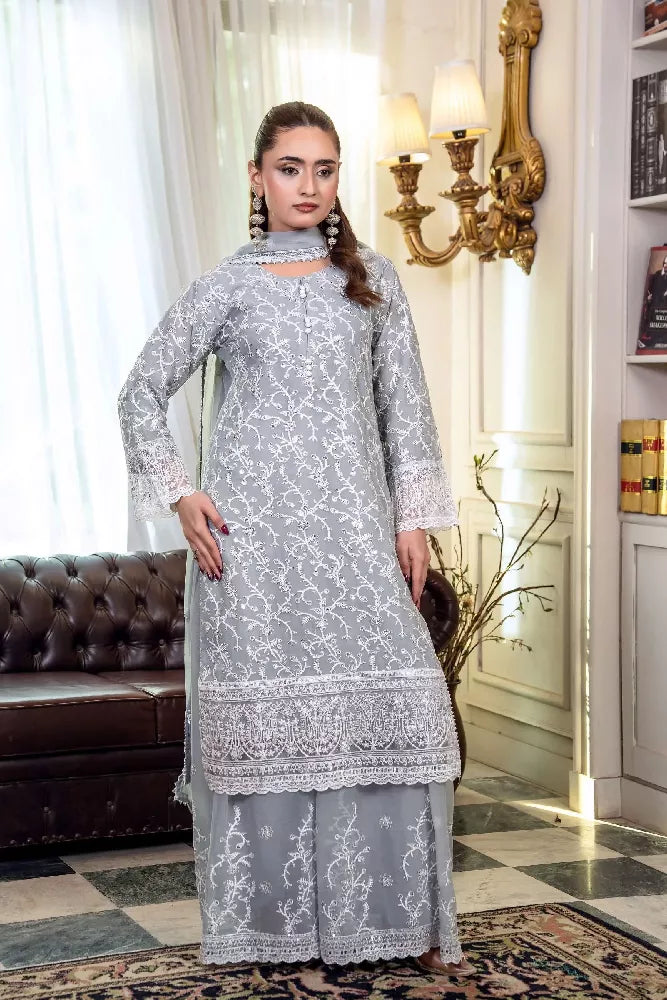 Chiffon Embroidered Suit - Grey