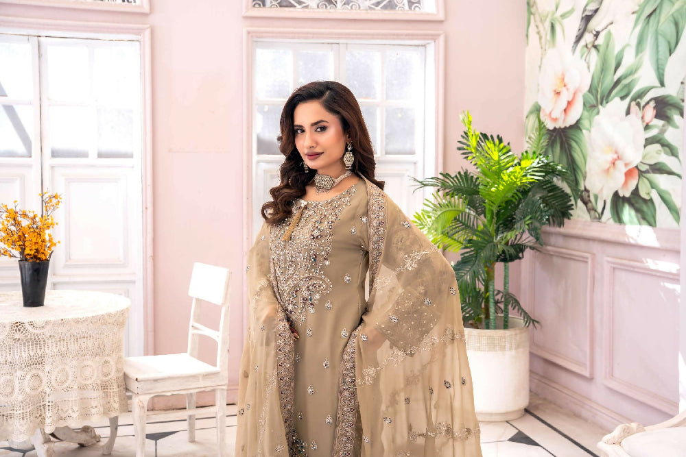 Luxury Chiffon Embroidered Suit- Beige/Braun