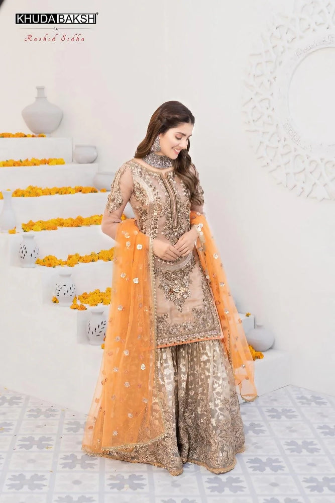 Khuda Bakhsh Gold Orange Shrara Suit